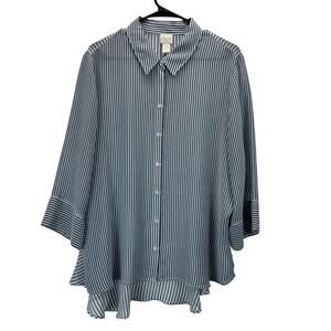Chico's Sheer 3/4 Sleeve Striped Blouse Peplum Back Hem 3 XL